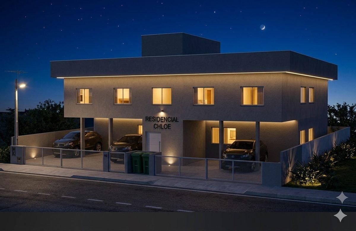 Residencial Chloe — fachada com iluminação noturna, projeto arquitetônico e construtivo da BDS Engenharia na Grande Florianópolis