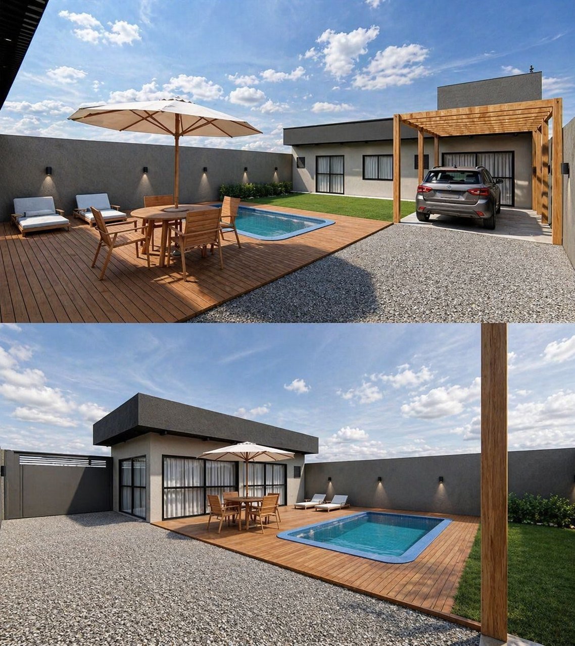 Projeto arquitetônico residencial com piscina, deck e área de lazer elaborado pela BDS Engenharia na Grande Florianópolis